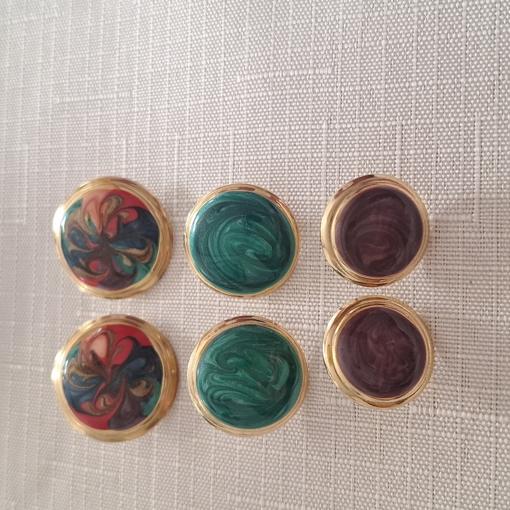 90s Pierced Earring Trio Goldtone Metal Sparkle Swirl Orange Gold Purple Green